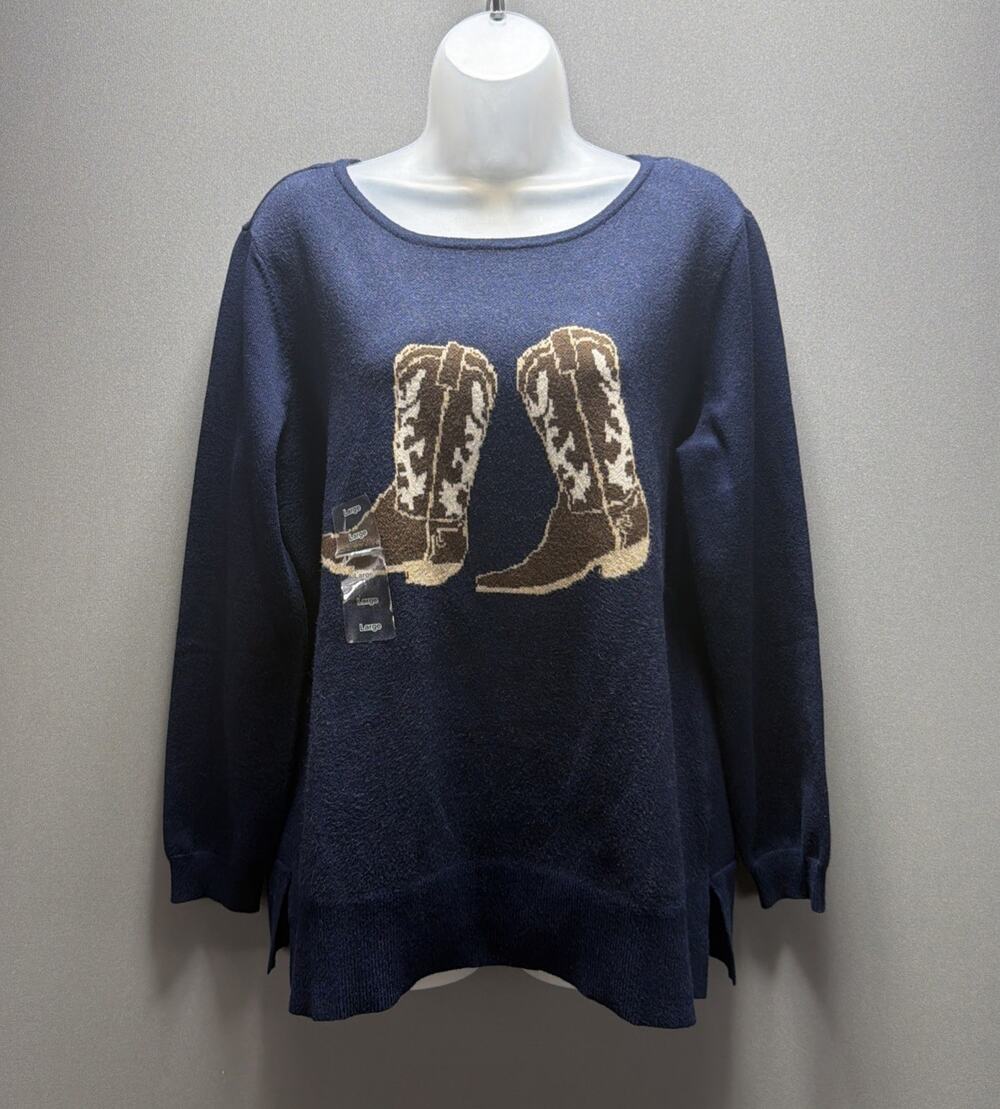 Astrologie Cowgirl Boots Sweater Womens L Navy Blue Western Intarsia Soft Knit